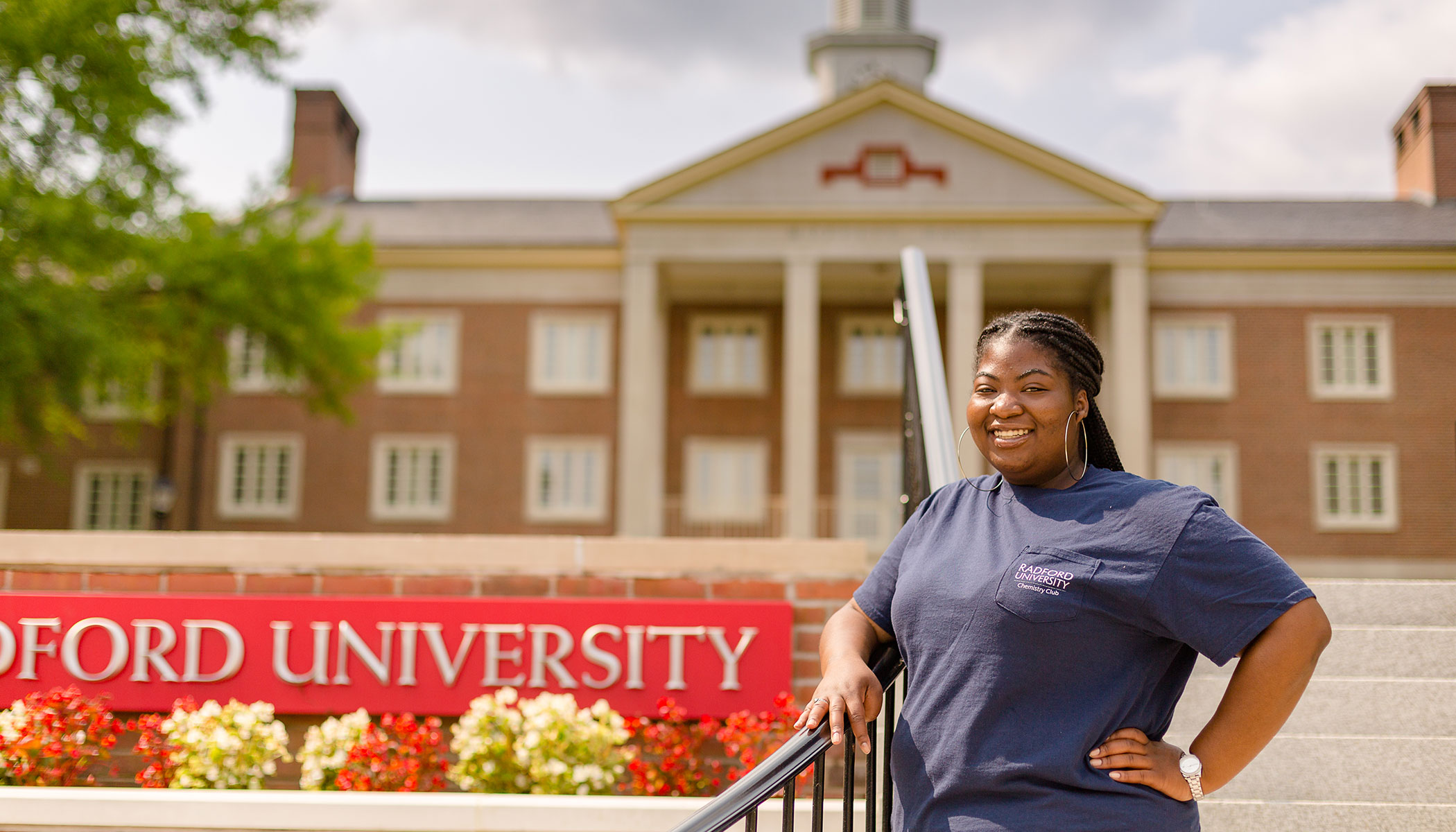 student at Moffett Lawn steps