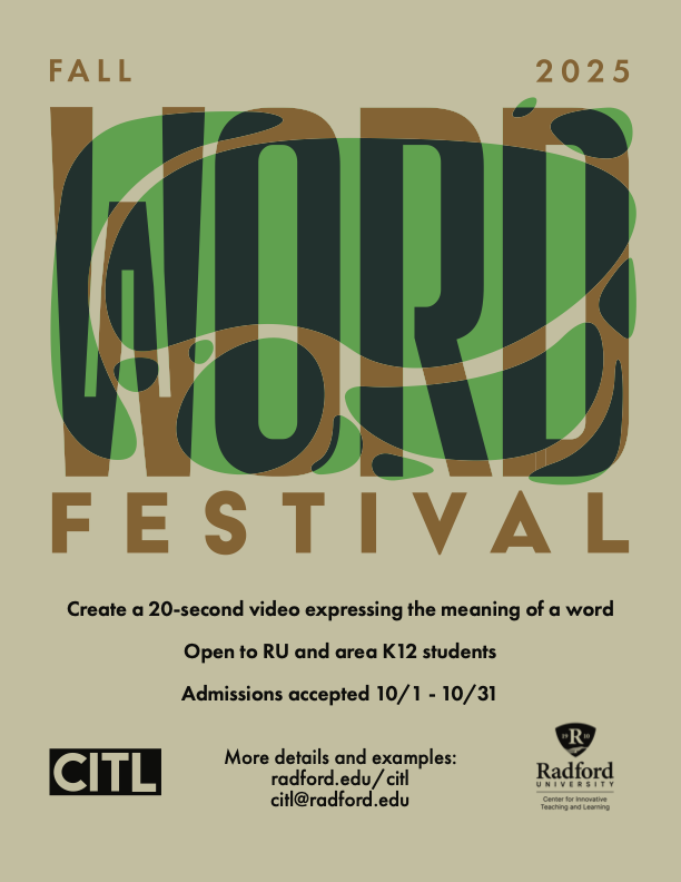 Fall 2025 Word Festival: Create a 20-second video expressing the meaning of a word. Open to all RU and area K12 students. Admissions accepted 10/1-10/31