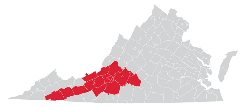 Map of the Commonwealth of Virginia showing the region of impact