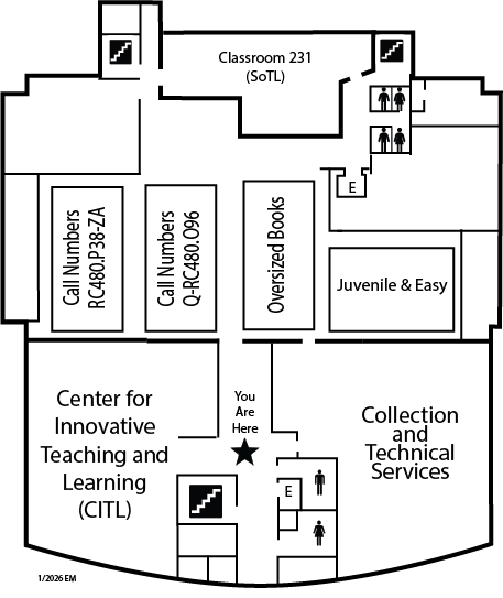 Line map of the layout of McConnell Library's second floor