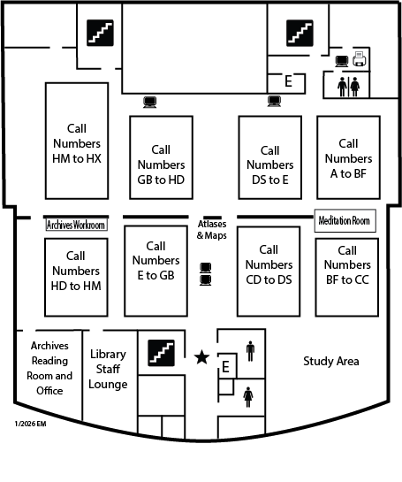 Line map of McConnell Library's fifth floor.
