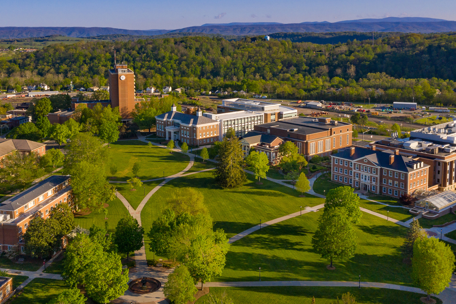 Aerial view of Radford University's main campus with Muse Hall at the center