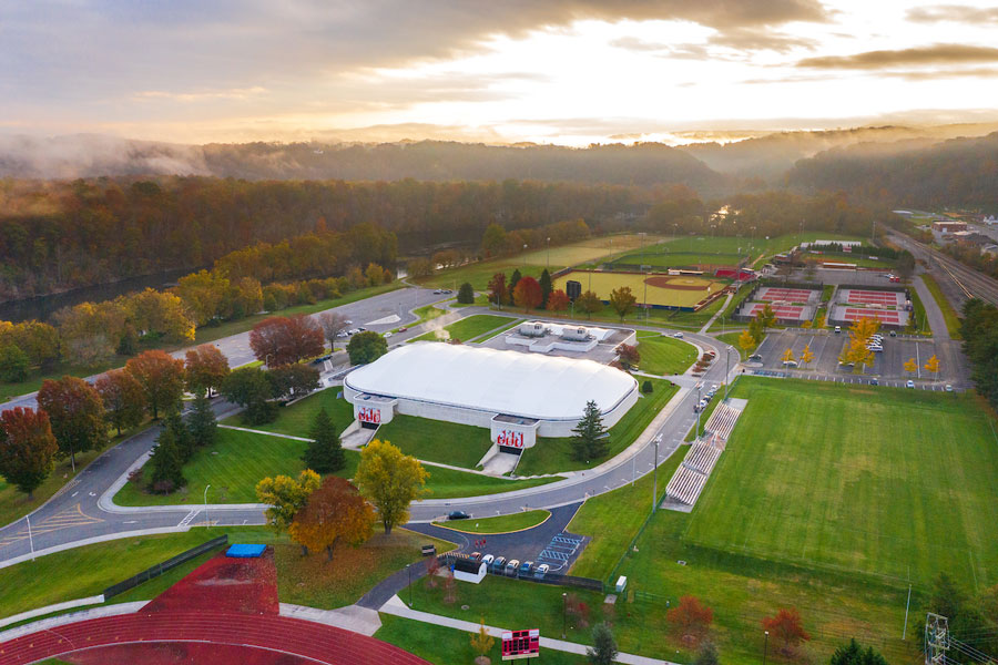 Overhead view of the Dedmon Center Complex and surrounding athletics fields.