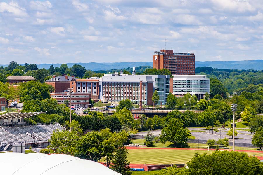 A wide shot of Radford University's campus from a distance.