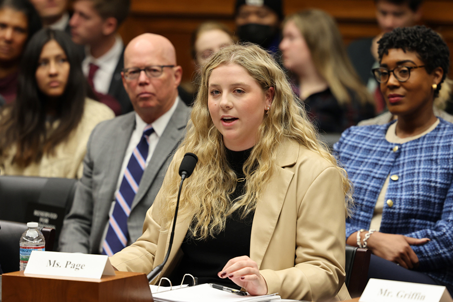 Meredith Page speaks during congressional testimony on Name, Image and Likeness in Washington D.C. on January 17, 2024