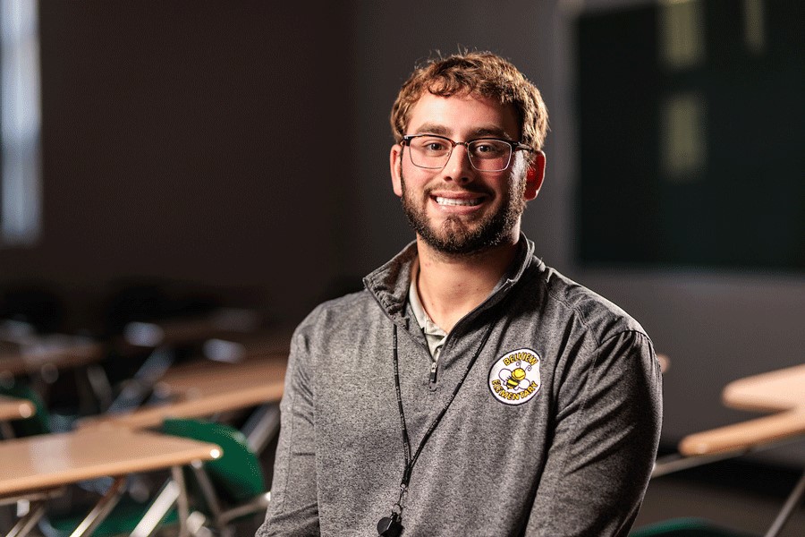 William Wohlford, a winter graduate who will teach at Fort Chiswell Middle School after graduation, sits in a classroom.