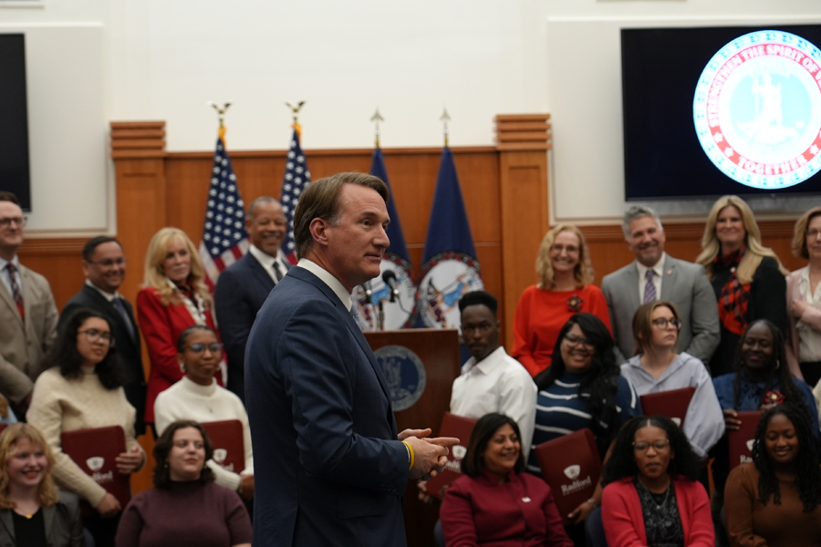 Governor Glenn Youngkin speaks to members of the Advocacy Day party in the Patrick Henry Building in Richmond on January 29