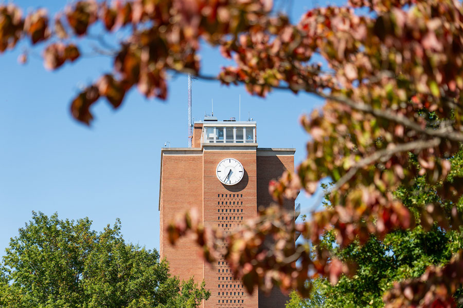 Muse Hall on the Radford University campus, surrounding by branches of fall leaves.