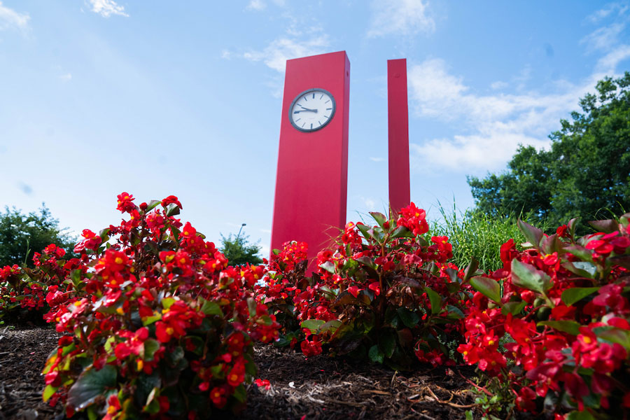 The red clock on Radford University's campus.