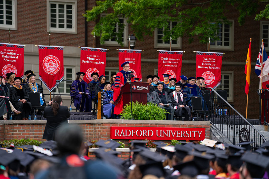 President Bret Danilowicz speaks at Radford University's spring undergraduate commencement ceremony.