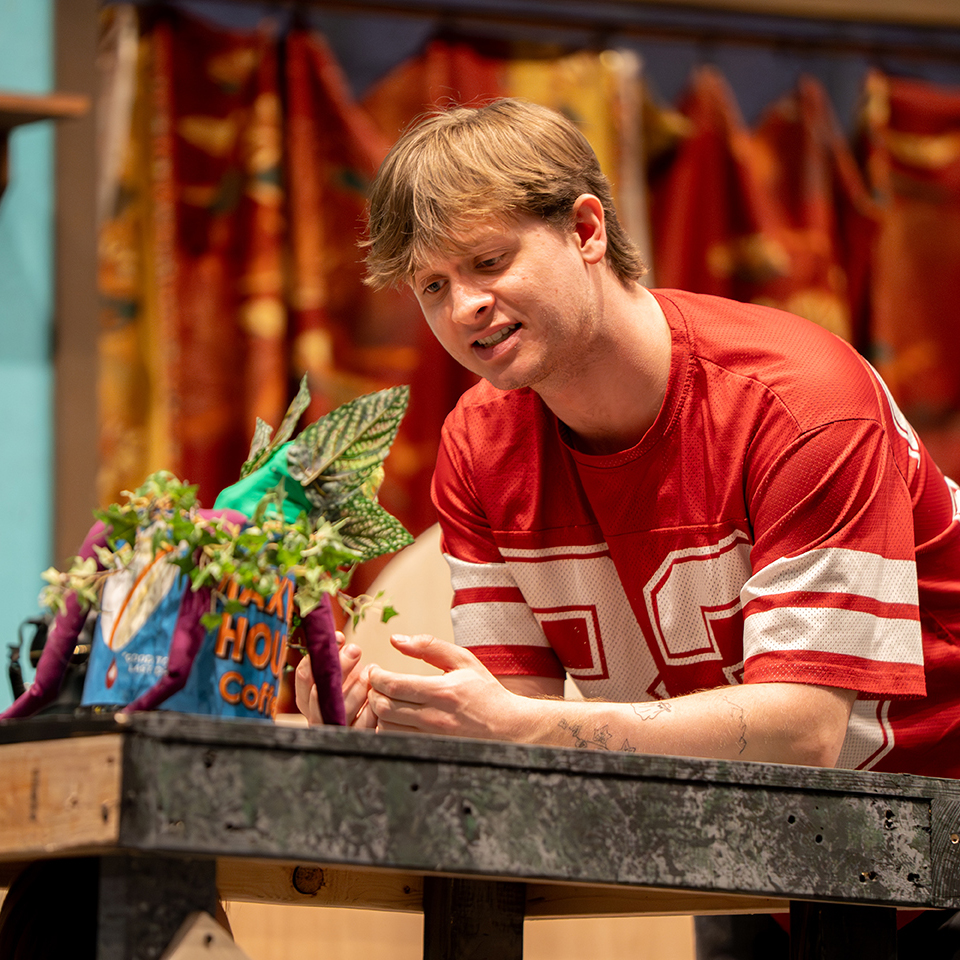 Actor Draak Sutphin in rehearsals as Seymour Krelborn in 