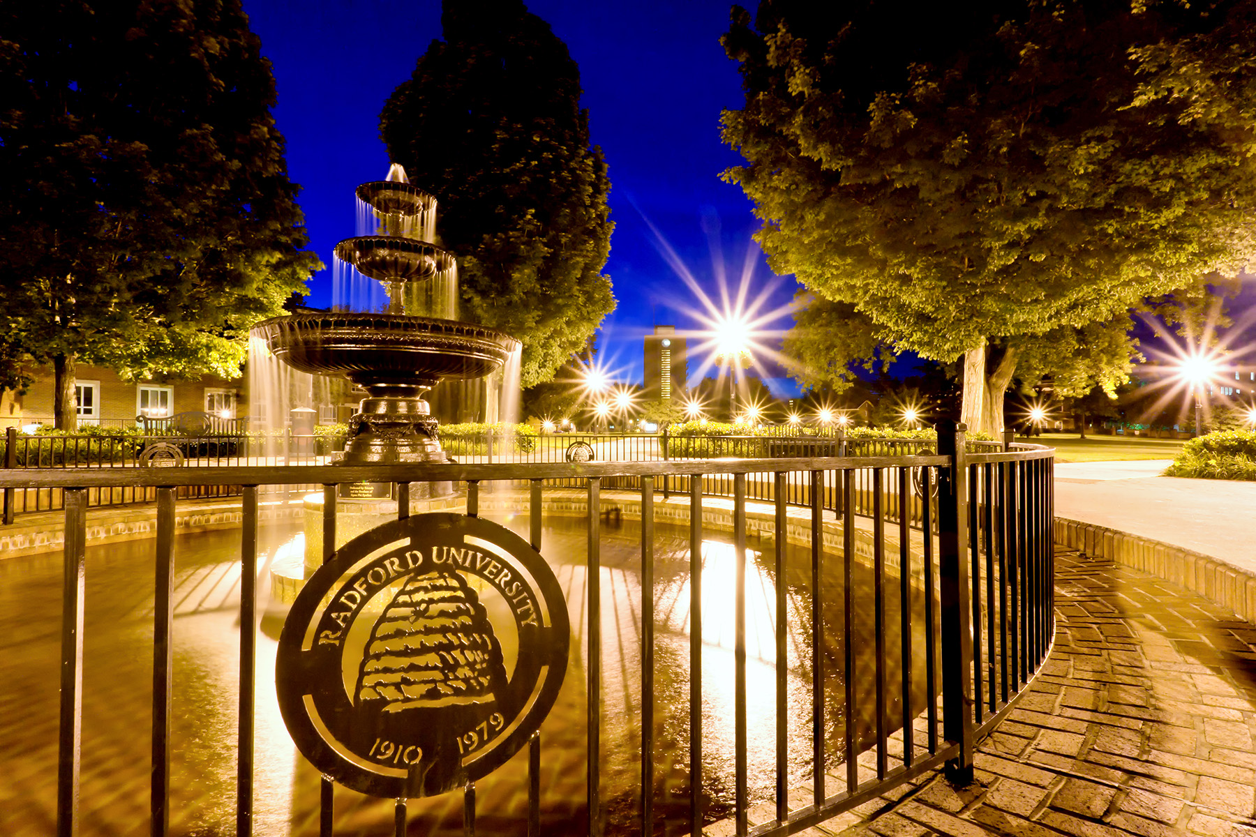 Pre-Quest fountain at night