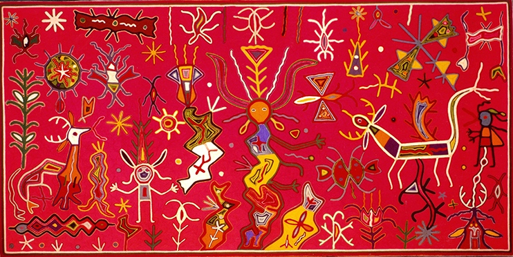 A colorful abstract indigenous-style artwork on a bright red background featuring symbolic figures, deer-like animals, human forms, plants, stars, geometric motifs, and decorative line patterns. The composition is filled with stylized organic and anthropomorphic shapes outlined in white, yellow, orange, black, and blue, arranged across a rectangular canvas in a folk-art inspired design.