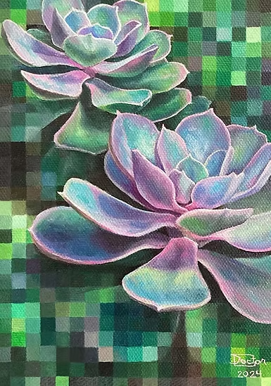 Artwork of a sedum plant in purple and green shades