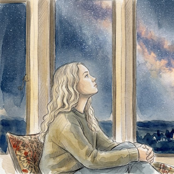 A watercolor-style illustration of a young woman sitting beside a large window, gazing upward at a star-filled night sky. A soft, dreamy celestial landscape and distant horizon frame the contemplative scene.