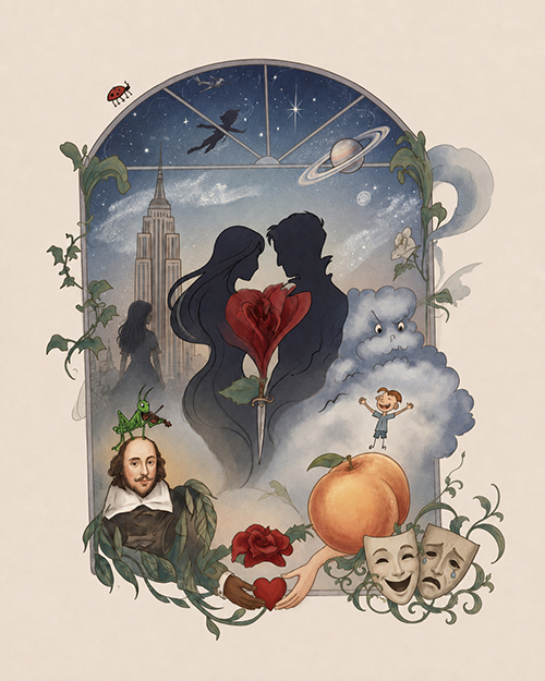 2026–2027 Theatre season, featuring a romantic couple with a red rose, Shakespeare, a giant apple, a child on a cloud, a grasshopper musician, a fairy, stars, Saturn, a city skyline, and comedy and tragedy masks.